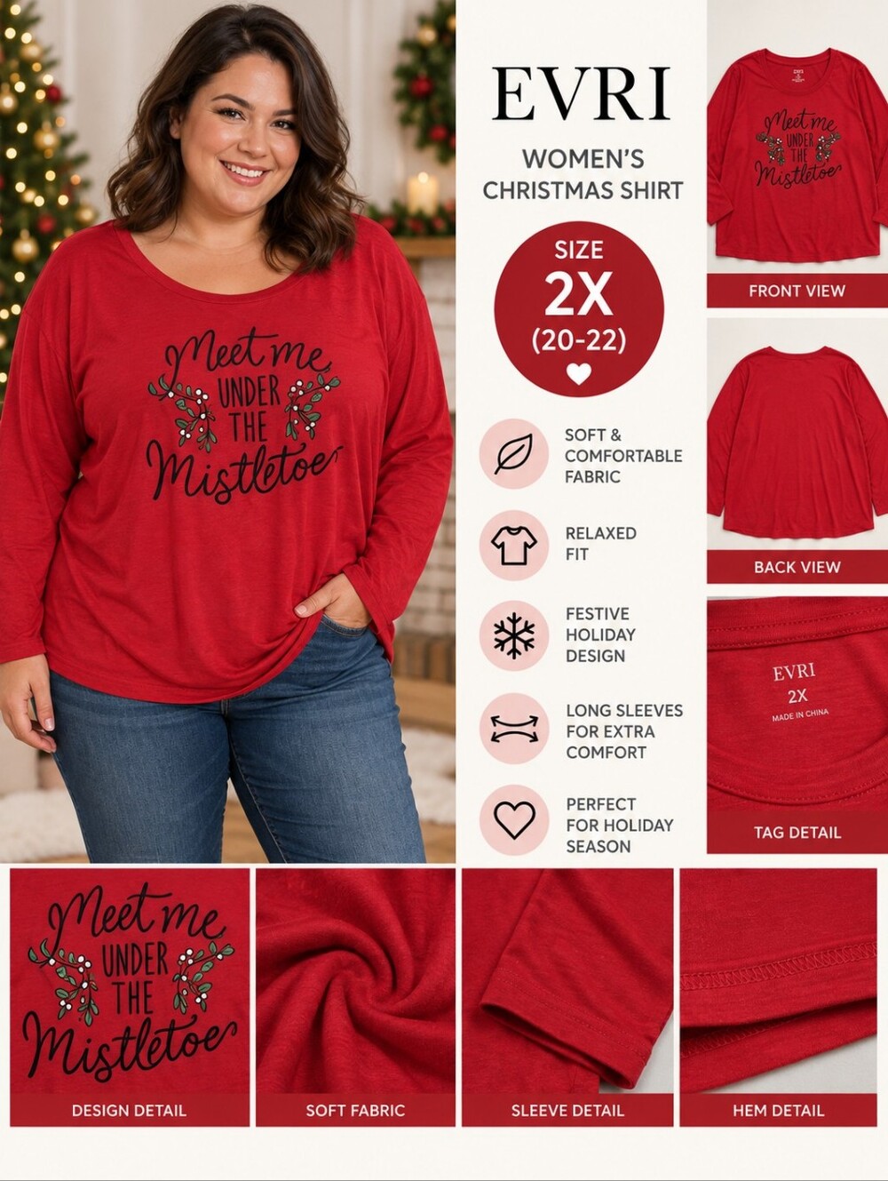 Evri Women's 2X red mistletoe christmas shirt #36